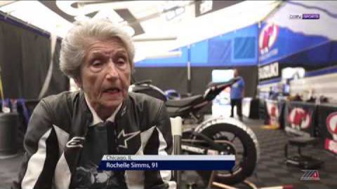 91 year-old Rochelle Simms laps Road America two-up with Team Hammer's Chris Ulrich on an M4 Suzuki GSX-R1000